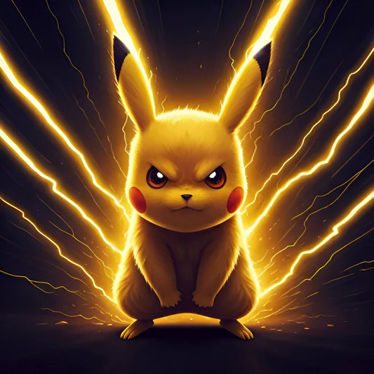 Ausdrucksstarkes 3D-Bild von Pikachu im Zorn-Modus, mit leuchtenden Blitzen und wütendem Blick – dynamisch und energiegeladen gestaltet.