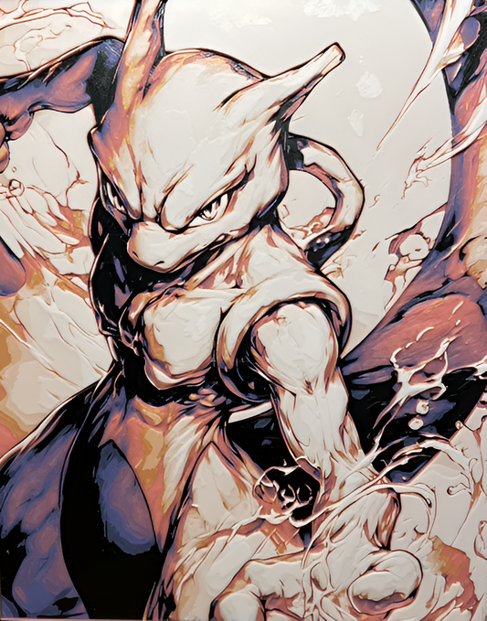 Legendäres Pokémon Mewtu als kraftvolles 3D-Bild für Sammler