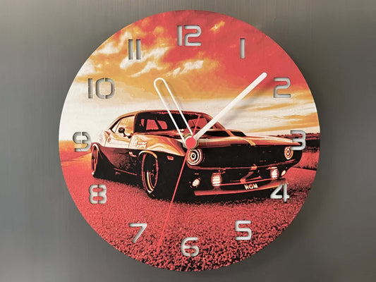Vintage 1970 Plymouth Hemi 'Cuda themed 3D 🕰️ by Veloria, capturing raw power and muscle on a retro clock face 🌅.