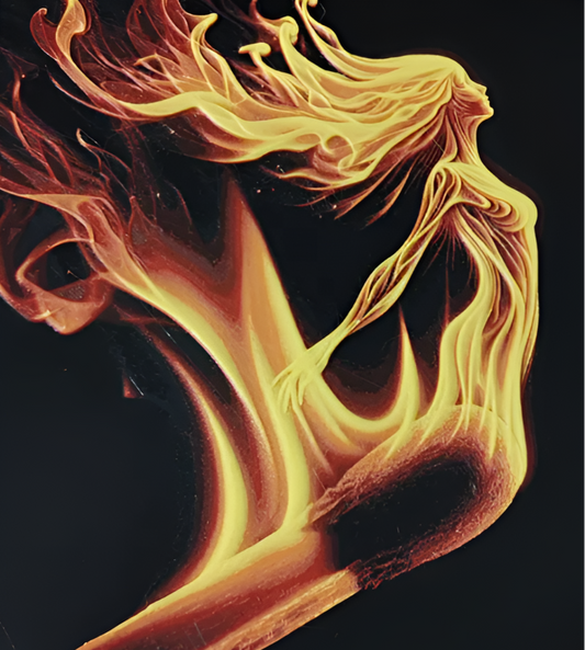 Frau im Feuer-Motiv als kraftvolles 3D-Lithophane in Flammen