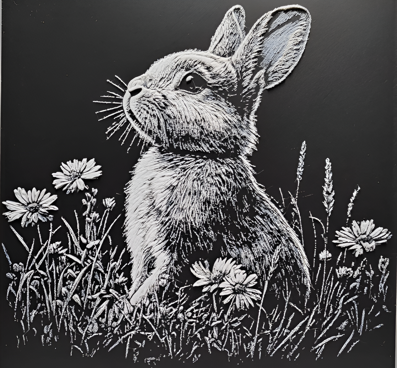 Schwarz-weißer Hase mit Blumen als zartes 3D-Lithophane