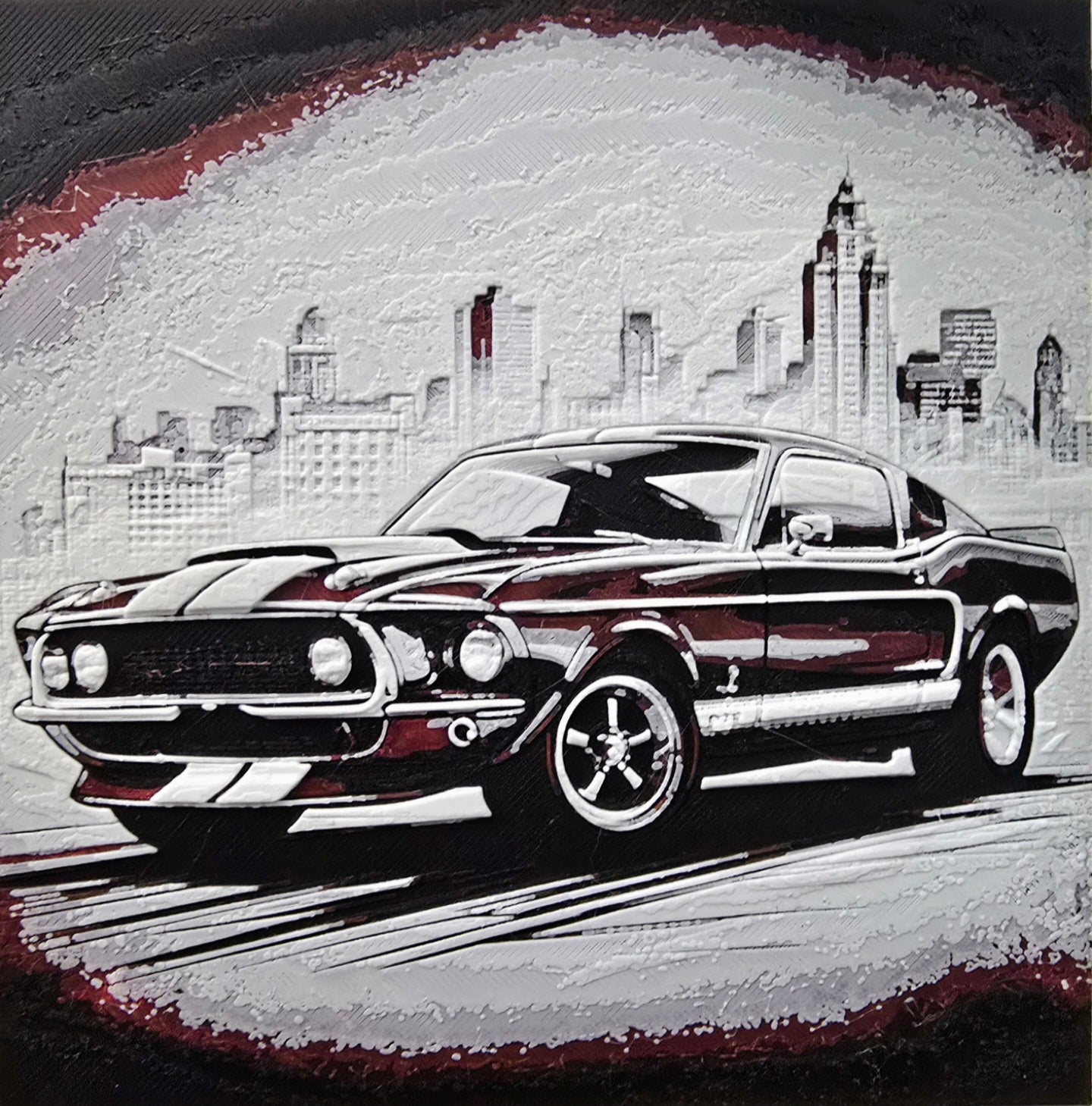 Ford Mustang in New York City als urbanes 3D-Lithophane mit Skyline