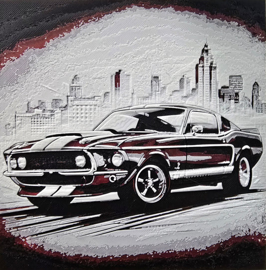 Ford Mustang in New York City als urbanes 3D-Lithophane mit Skyline