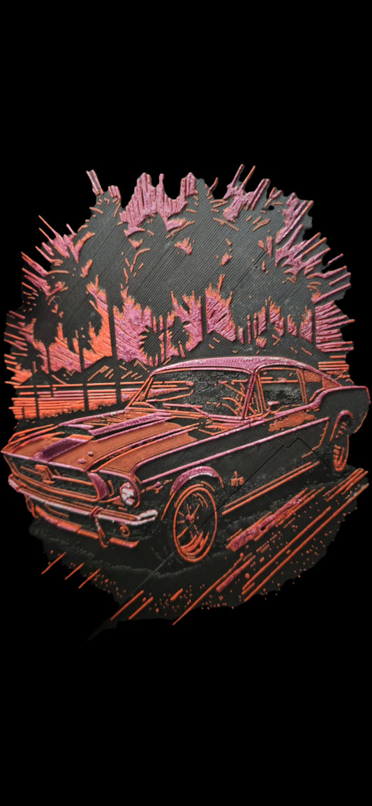 Ford Mustang im Sonnenuntergang – stilvolles 3D-Bild für Autoliebhaber