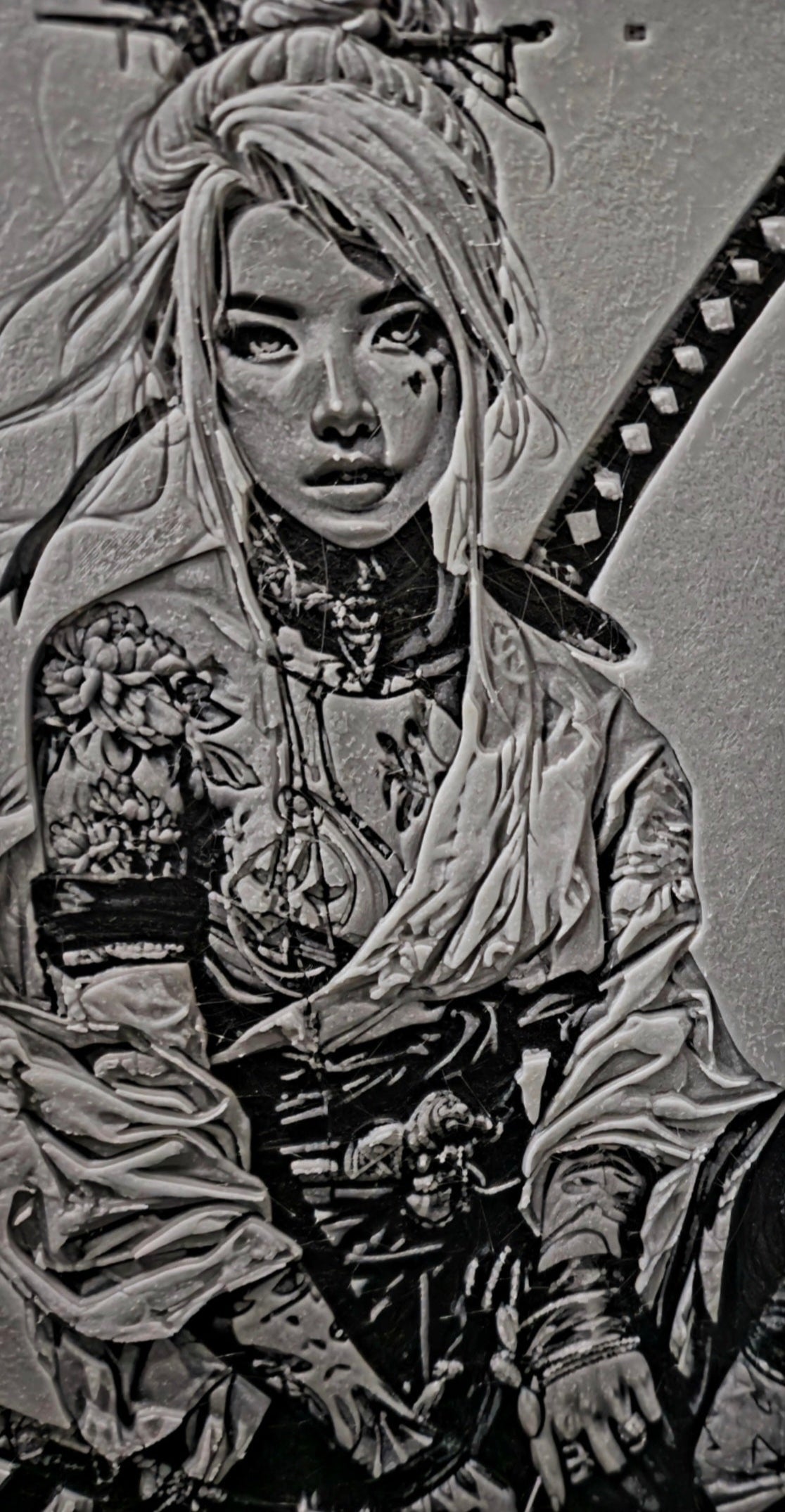 Frau mit Katana-Schwert als starkes 3D-Lithophane im Manga-Stil