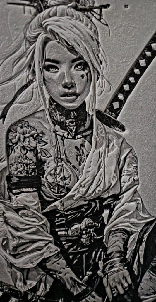 Frau mit Katana-Schwert als starkes 3D-Lithophane im Manga-Stil
