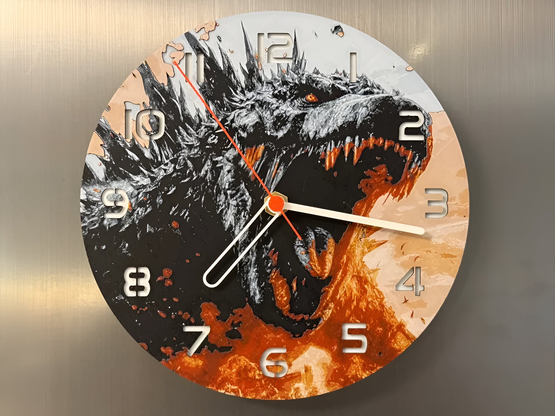 "Godzilla Edition Wanduhr 🕰️ im Design des legendären Kaijus 🦖, perfekt für Monster-Fans und als einzigartiges Geschenk 🎁 für Liebhaber von Godzilla und dem Übernatürlichen."