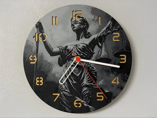 "Justitia Edition Wanduhr 🕰️ mit Design der Göttin der Gerechtigkeit ⚖️, ideal für Juristen und als symbolisches Geschenk 🎁 für Rechtsliebhaber."