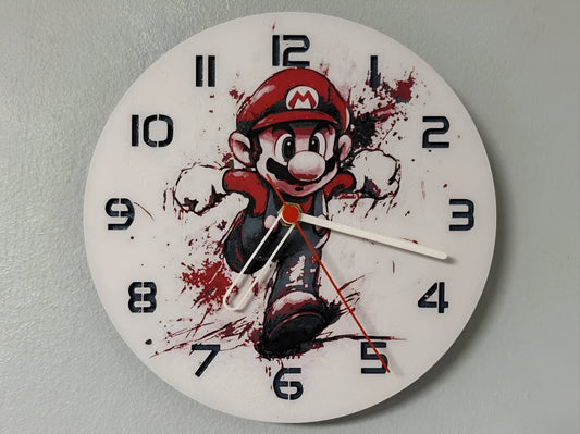 "Super Mario Edition Wanduhr 🕰️ mit Design des berühmten Videospielcharakters 🎮, perfekt für Super Mario-Fans und als nostalgisches Geschenk 🎁 für Gamer."
