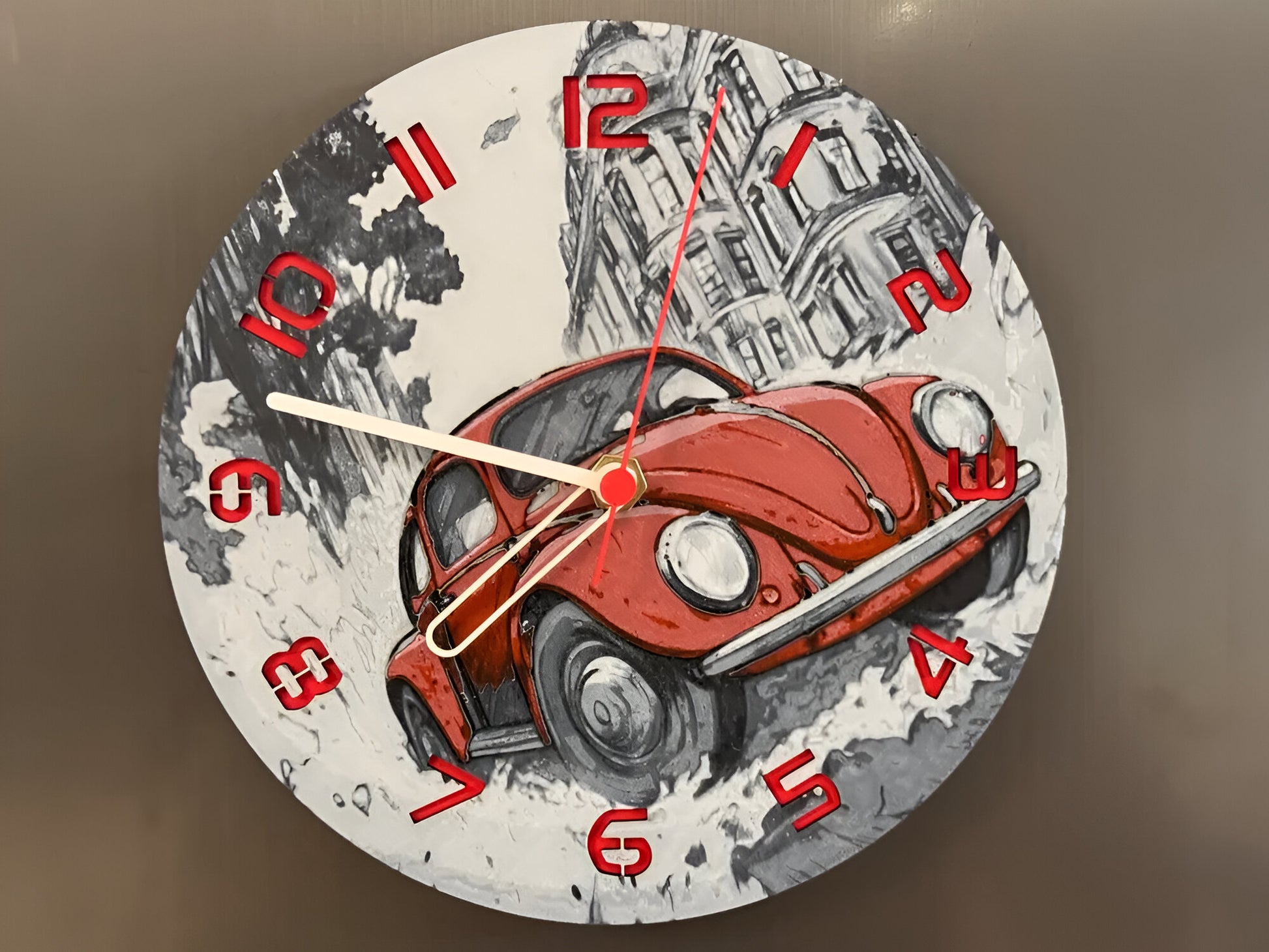 "VW Käfer Edition Wanduhr 🕰️ im Design des legendären Volkswagen Käfers 🚗, ideal für Oldtimer-Fans und als einzigartiges Geschenk 🎁 für Liebhaber klassischer Autos."
