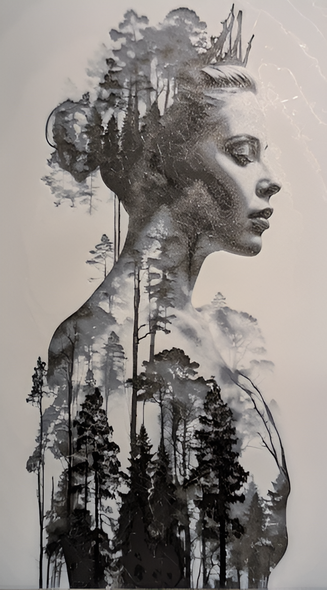 Mystische Frau im Wald als kunstvolles 3D-Bild aus dem Drucker