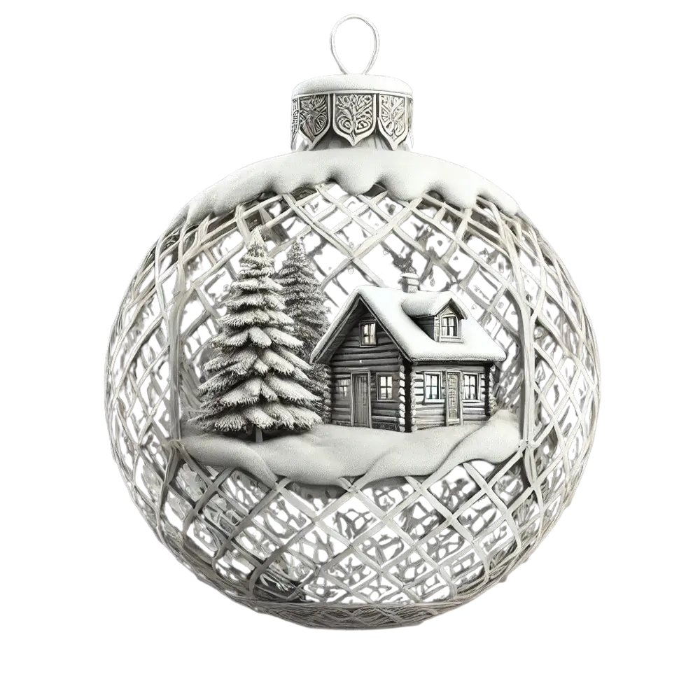 3D gedruckte Weihnachtskugel mit Weihnachtsdorf, verziert mit schneebedecktem Haus und Tannenbaum, idealer Baumbehang
