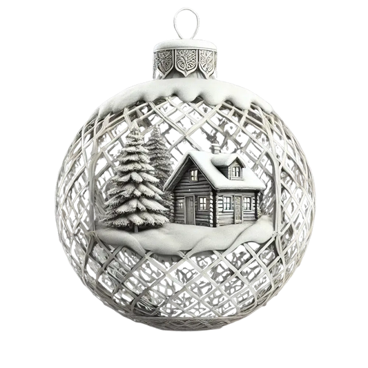 3D gedruckte Weihnachtskugel mit Weihnachtsdorf, verziert mit schneebedecktem Haus und Tannenbaum, idealer Baumbehang