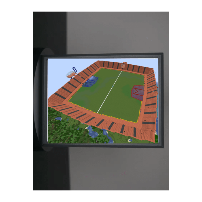 Individuelles Lithophane Farbig mit 3D-gedrucktem Stadionbild beleuchtet in einem Rahmen.