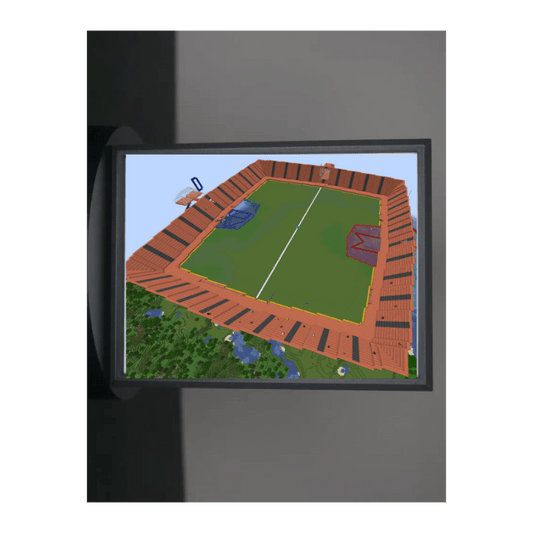 Individuelles Lithophane Farbig mit 3D-gedrucktem Stadionbild beleuchtet in einem Rahmen.