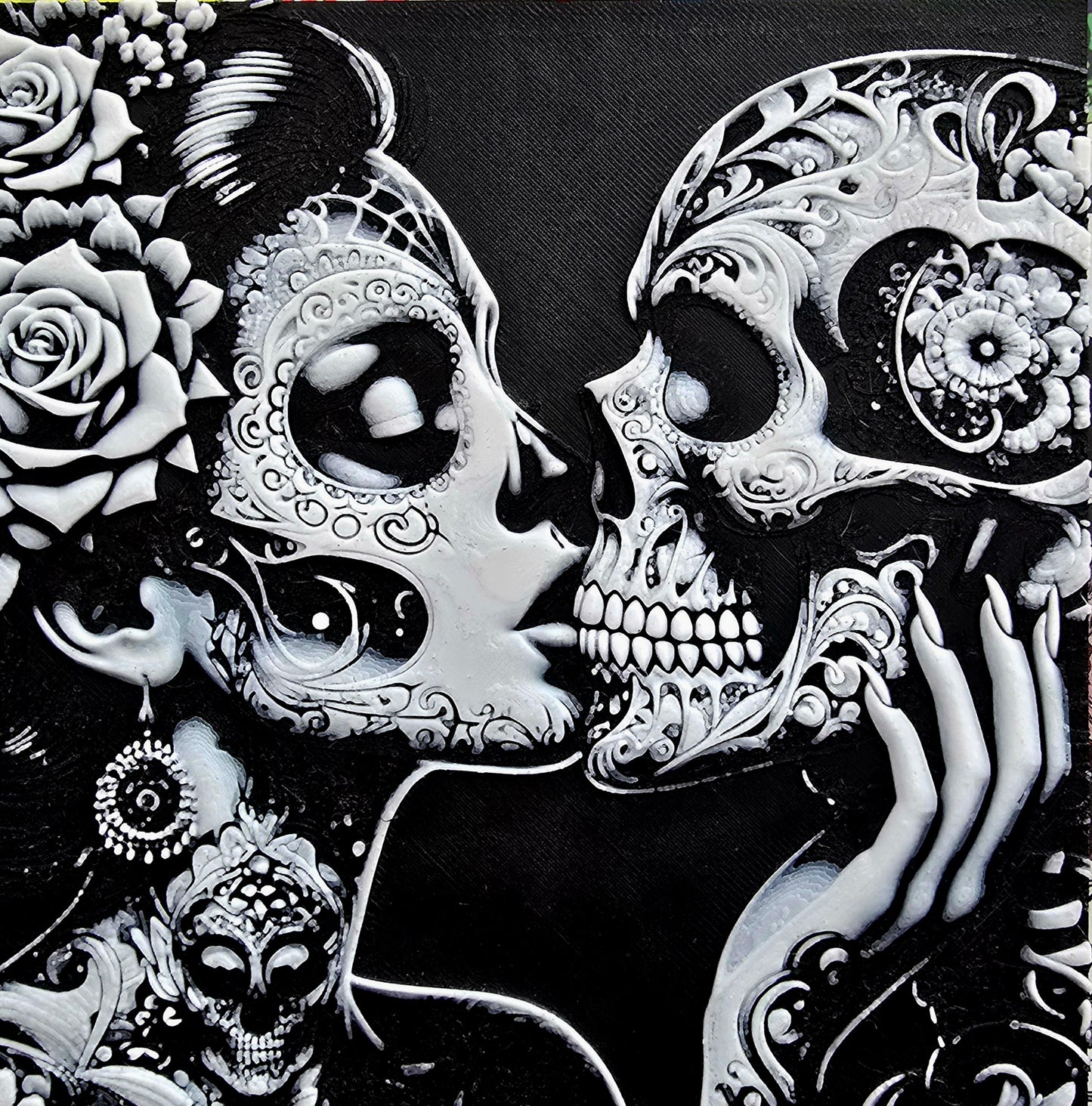La Catrina als kunstvolles 3D-Lithophane im Día de los Muertos-Stil