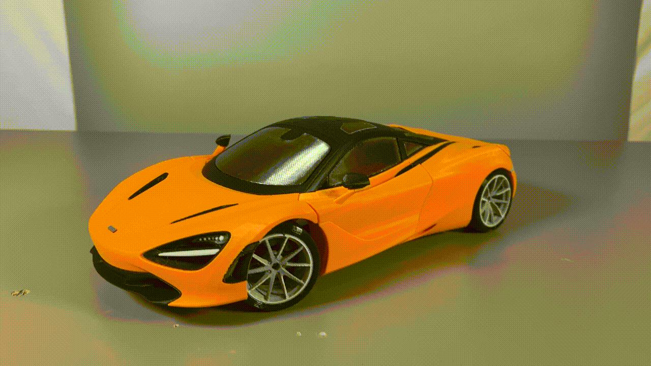 RC McLaren 720S Karosserie DRS Edition in leuchtendem Orange, detailgetreue Nachbildung eines Supersportwagens.